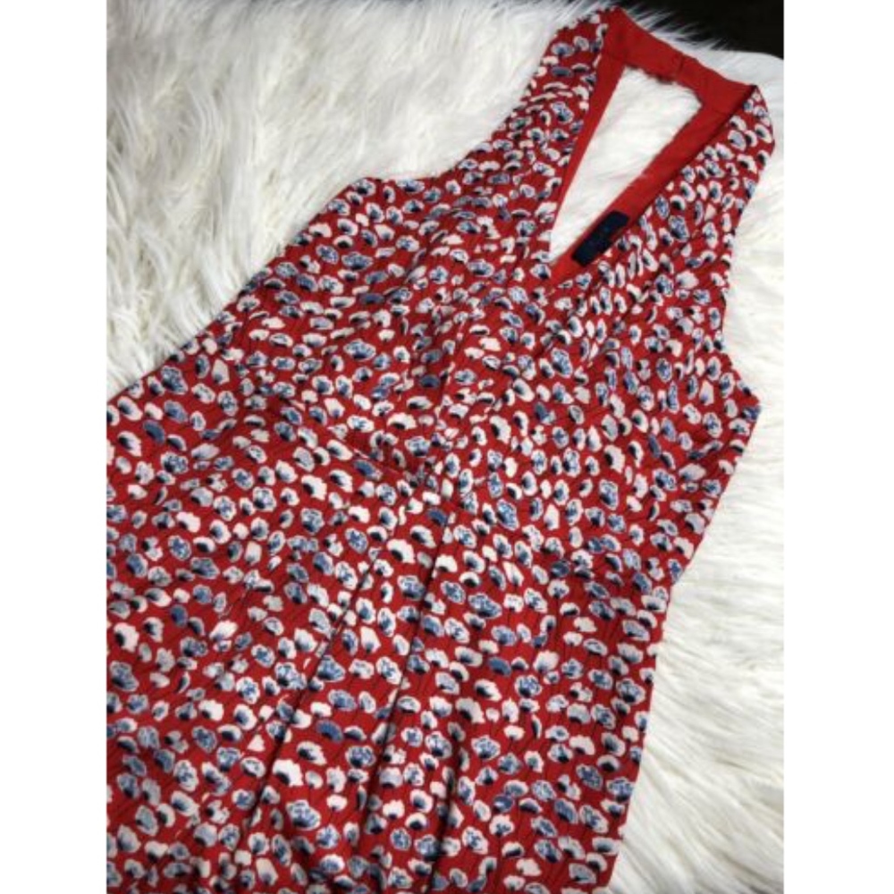 Eclair Red Blue Floral V Neck Pleated Dress M